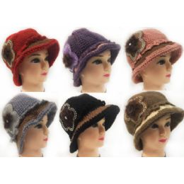 24 Units of Wholesale Knitted Lady Winter Hats With Rhinestone Flower Petal - Fashion Winter Hats