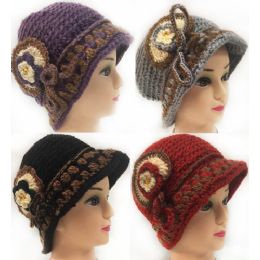 24 Pieces Wholesale Knitted Lady's Winter Hats With Layered Flower Design - Fashion Winter Hats
