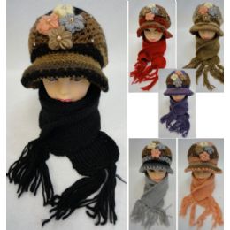 24 Wholesale Ladies Knitted Fashion Hat & Scarf Set [4 Flowers/pearls]