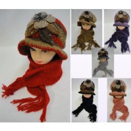 24 Units of Ladies Knitted Fashion Hat & Scarf Set [flower/fur/rhinestone] - Winter Sets Scarves , Hats & Gloves