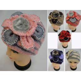 36 Pieces Ladies Knitted Fashion Hat [fur/flower/rhinestones] - Winter Beanie Hats