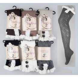 12 Pairs Long Stocking With Lace Trim & Buttons Assorted - Womens Knee Highs
