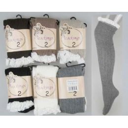 24 Pairs Solid Knitted Stocking With Lace Trim Assorted - Womens Knee Highs