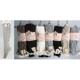 24 of Solid Color Knitted Stockings With Lace Trim Assorted