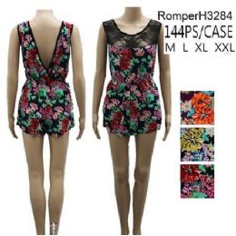 144 Pieces Floral Pattern Lace Front Short Romper Sets - Womens Rompers & Outfit Sets