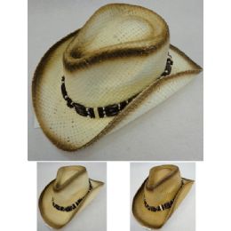 24 Wholesale Paper Straw Cowboy Hat [triple Bead Hat Band]