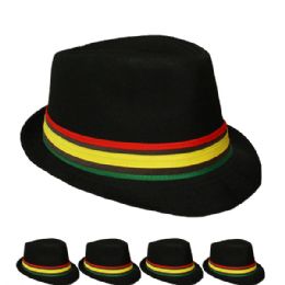 24 Wholesale Black Adult Trilby Fedora Set With Rasta Strip Band