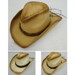 24 Wholesale Paper Straw Cowboy Hat [triple/square Beads On Hat Band]