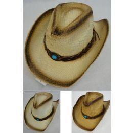 24 Units of Paper Straw Cowboy Hat [turquoise Stone] - Cowboy & Boonie Hat