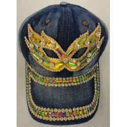 18 Wholesale Denim Hat With Bling Gold Masquerade Mask