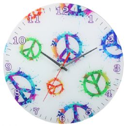 12 Wholesale Glass Wall Clock White With Colorful Peace Signs