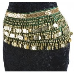 12 Pieces Velvet Belly Dance Coin Belt - Emerald Green W/gold Coins. - Costumes & Accessories