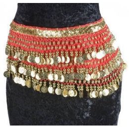 12 Wholesale Velvet Belly Dance Coin Belt - Red Rose W/gold Coins