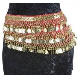 12 Wholesale Velvet Belly Dance Coin Belt - Magenta W/gold Coins