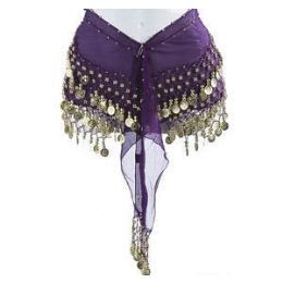 12 Wholesale Belly Dance Hip Scarf - Purple With Gold Coins - Plus Size