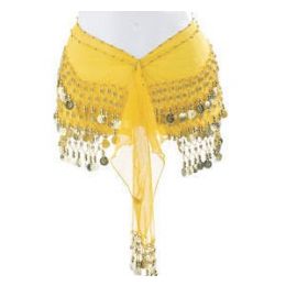 12 Wholesale Belly Dance Hip Scarf - Yellow With Gold Coins - Plus Size