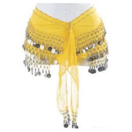 12 Wholesale Belly Dance Hip Scarf - Yellow With Silver Coins - Plus Size.