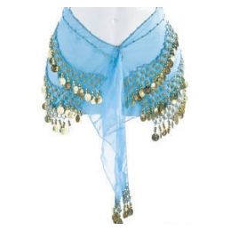 12 Wholesale Belly Dance Hip Scarf - Turquoise With Gold Coins - Plus Size