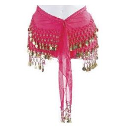 12 Wholesale Belly Dance Hip Scarf - Hot Pink With Gold Coins - Plus Size