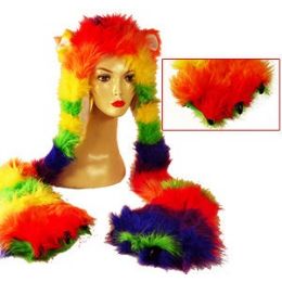 24 Pieces Neon Faux Fur Hats W/attached Hand Muffs - Winter Hats