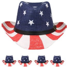 24 Wholesale Patriot Day Usa Flag Printed Paper Straw Cowboy Hat
