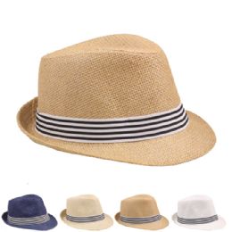 24 Wholesale Adult Straw Fedora Hat With Striped Band