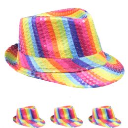 24 Wholesale Beach Party Sparkling Sequin Rainbow Trilby Fedora Hat
