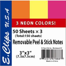 72 Wholesale Sticky Notes, Neon Rainbow, 3pk, 50 Shts Each (2 Inners Of 36)