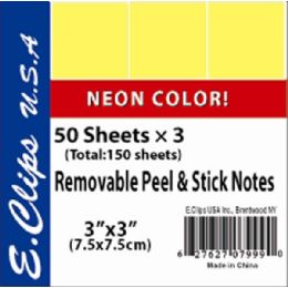 72 Wholesale Sticky Notes, Neon Yellow, 3pk, 50 Shts Each