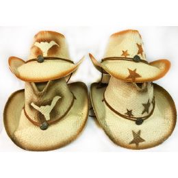36 Wholesale Wholesale Straw Cowboy Hat With Bull Horn And Stars Assorted