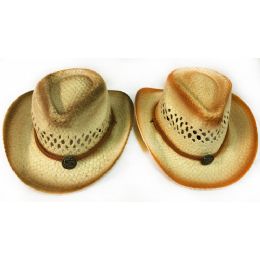 36 Wholesale Wholesale Kids Straw Cowboy Hat With Medallion Assorted Shading
