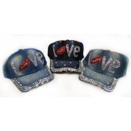 36 Wholesale Wholesale Strapback Denim Hat With Love Rhinestone Decorations