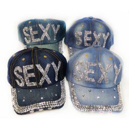 36 Wholesale Wholesale Strapback Denim Hat With Sexy Rhinestone Decorations