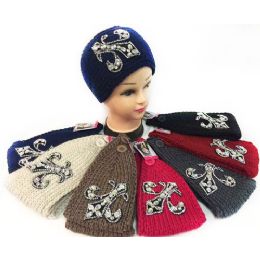 12 Wholesale Rhinestone Fleur De Lis Knitted Headband