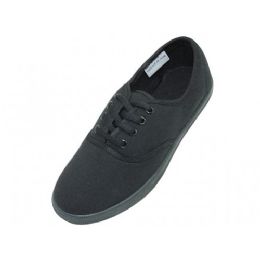 24 Wholesale Youth's Lace Up Casual Canvas Shoes All Black