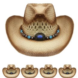 24 Wholesale Breathable Brown Raffia Straw Beaded Band Kid Cowboy Hat