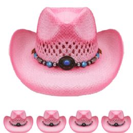 24 of Breathable Pink Raffia Straw Beaded Band Kid Cowboy Hat