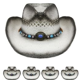 24 Wholesale Breathable Black Raffia Straw Beaded Band Kid Cowboy Hat