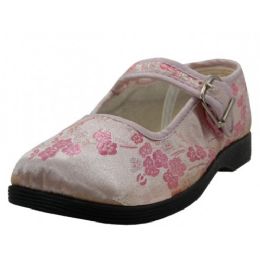 36 Wholesale Youth's Satin Brocade Plum Flower Upper Mary Janes Shoe Pink Color