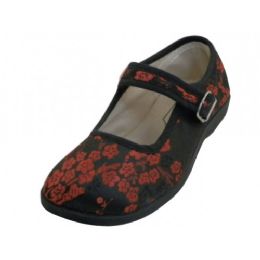 36 Wholesale Youth's Satin Brocade Plum Flower Upper Mary Janes Shoe ( Black Color Only)