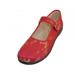 36 Wholesale Women's Satin Brocade Plum Flower Upper Mary Janes Shoe Red Color)