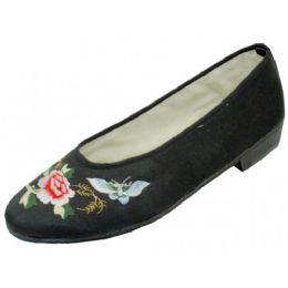 24 Wholesale Women's Satin Embroidered Shoes (black Color Only)