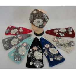 48 Bulk Wide Hand Knitted Ear Band W Multifloral Applique [gems] Assorted Colors