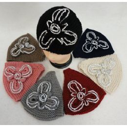 48 Wholesale Wide Hand Knitted Ear Band [rhinestone Flower] Assorted Colors