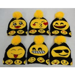 36 Pieces Knitted Toboggan With Pompom [emojis] - Winter Beanie Hats