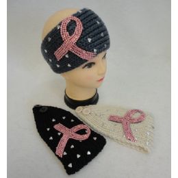 48 Wholesale Breast Cancer Hand Knitted Ear Band [pink Rhinestone Ribbon W Heart Studs]