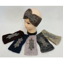 48 Wholesale Hand Knitted Ear Band [variegated Loop With Beaded Applique]