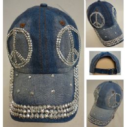 30 Wholesale Denim Strapback Hat With Bling Bling [peace Sign]