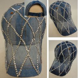 30 Wholesale Denim Strapback Hat With Bling Bling [diamond Pattern]