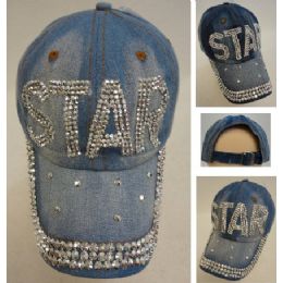 48 Wholesale Denim Strapback Hat With Bling Bling [star]